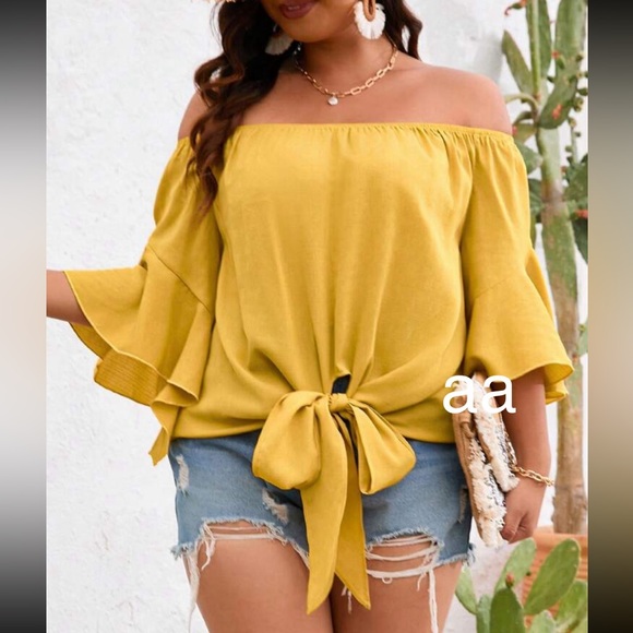 Tops - Plus Size Off Shoulder Flutter Butterfly Sleeve Top Blouse Shirt Mustard Yellow